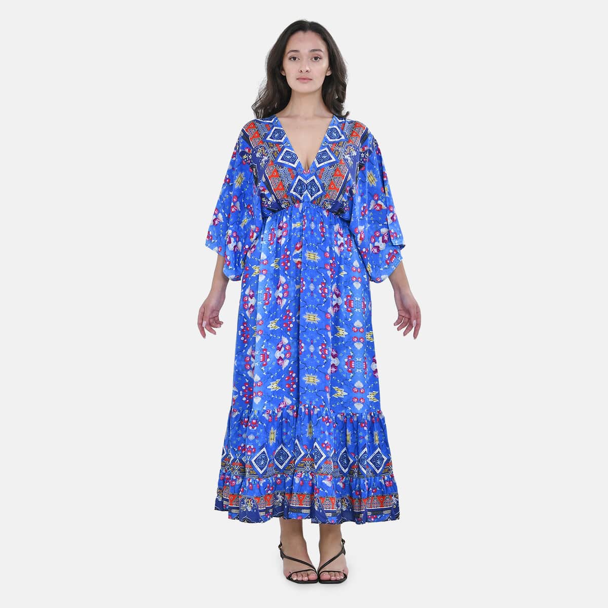 Tamsy Blue Floral Mixed Print Elastic Waist Maxi Dress - One Size Fits Most image number 0