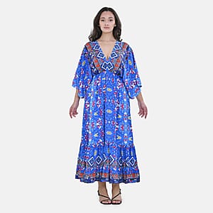Tamsy Blue Floral Mixed Print Elastic Waist Maxi Dress - One Size Fits Most