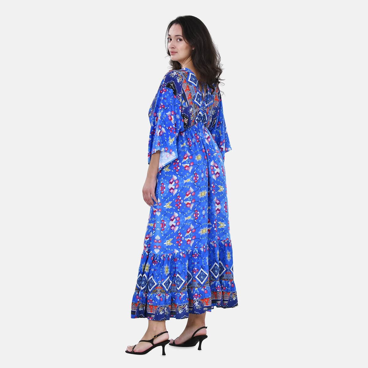 Tamsy Blue Floral Mixed Print Elastic Waist Maxi Dress - One Size Fits Most image number 1