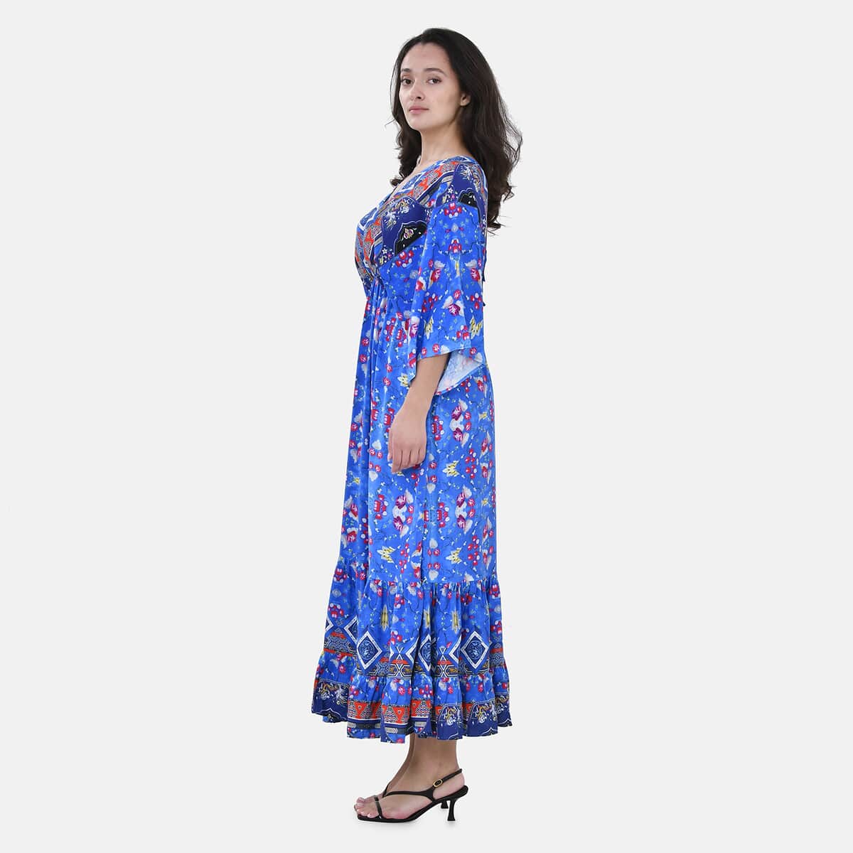 Tamsy Blue Floral Mixed Print Elastic Waist Maxi Dress - One Size Fits Most image number 2