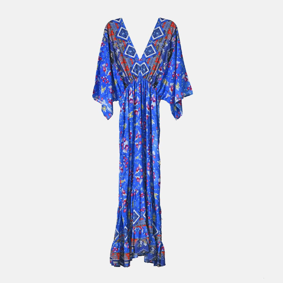 Tamsy Blue Floral Mixed Print Elastic Waist Maxi Dress - One Size Fits Most image number 7