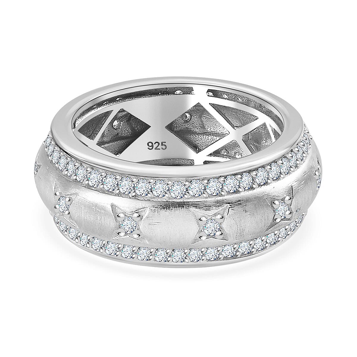 Moissanite and Moissanite ROUND 1.22 ctw Band Ring in Rhodium Over Sterling Silver (Size 6.5) (6.86 g)