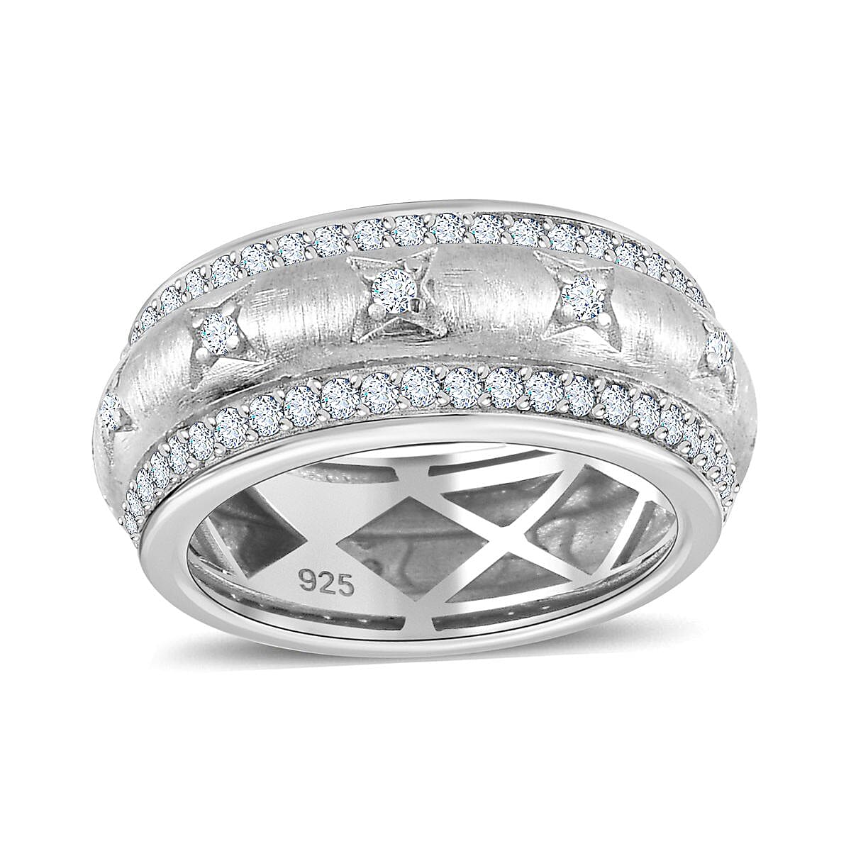 Moissanite and Moissanite ROUND 1.22 ctw Band Ring in Rhodium Over Sterling Silver (Size 6.5) (6.86 g)