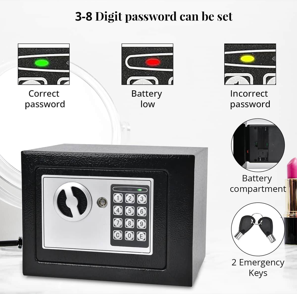 Safe Box with Password Lock and Two Emergency Keys (Powered by 4xAA Batteries) (6.69"x9.05"x6.69") image number 2