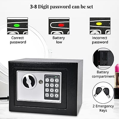Safe Box with Password Lock and Two Emergency Keys (Powered by 4xAA Batteries)