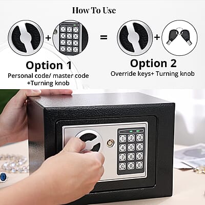 Safe Box with Password Lock and Two Emergency Keys (Powered by 4xAA Batteries)
