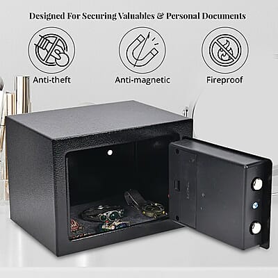 Safe Box with Password Lock and Two Emergency Keys (Powered by 4xAA Batteries)