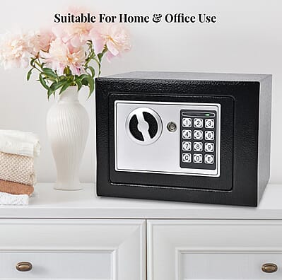 Safe Box with Password Lock and Two Emergency Keys (Powered by 4xAA Batteries)