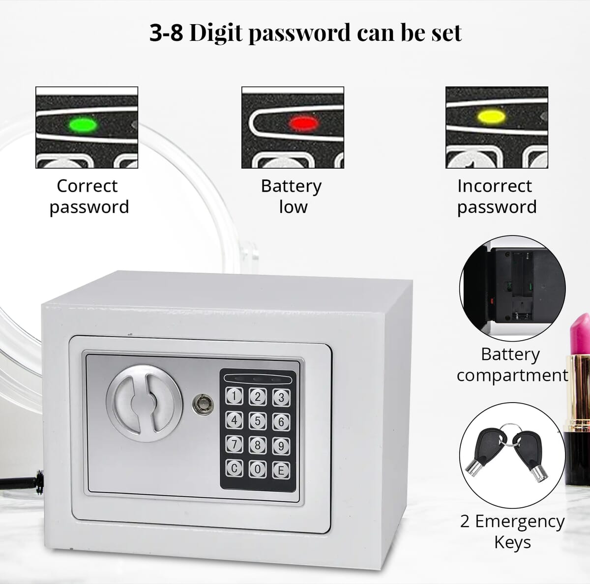 Safe Box with Password Lock and Two Emergency Keys (Powered by 4xAA Batteries) image number 2