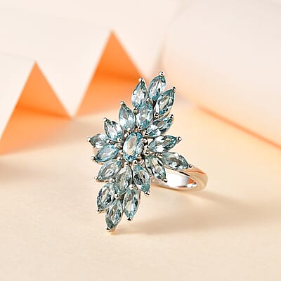 Betroka Blue Apatite Elongated Ring in Platinum Over Sterling Silver (Size 10.0) 2.60 ctw