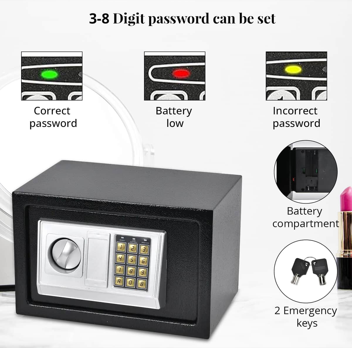 Safe Box with Password Lock and Two Emergency Keys (Powered by 4xAA Batteries) image number 3