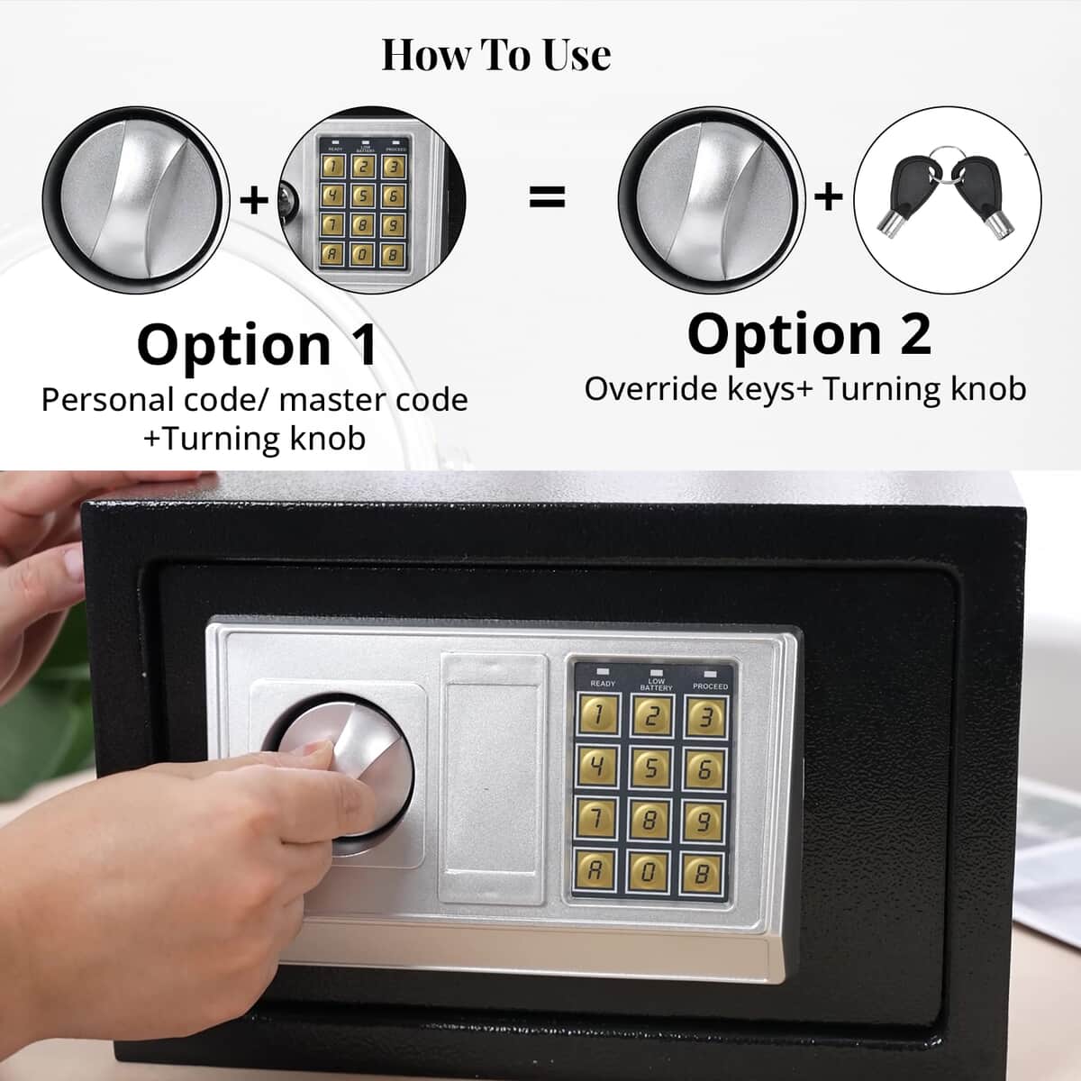 Safe Box with Password Lock and Two Emergency Keys (Powered by 4xAA Batteries) (6.69"x9.05"x6.69") image number 4