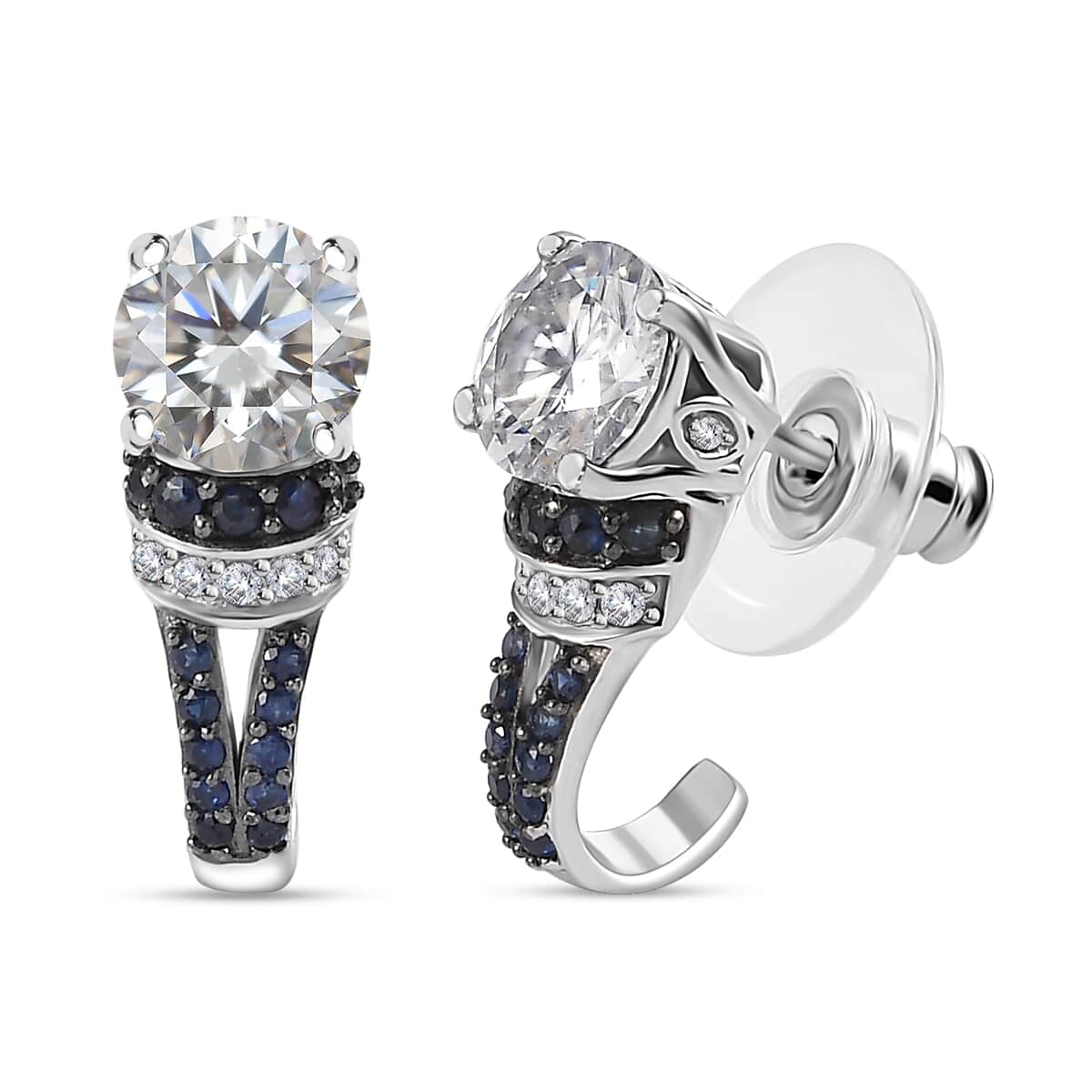 TLV Moissanite (Rnd 7 mm), Blue Sapphire J-Hoop Earrings in Platinum Over Sterling Silver 3.15 ctw image number 0