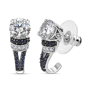 Moissanite and Blue Sapphire J-Hoop Earrings in Platinum Over Sterling Silver 3.15 ctw