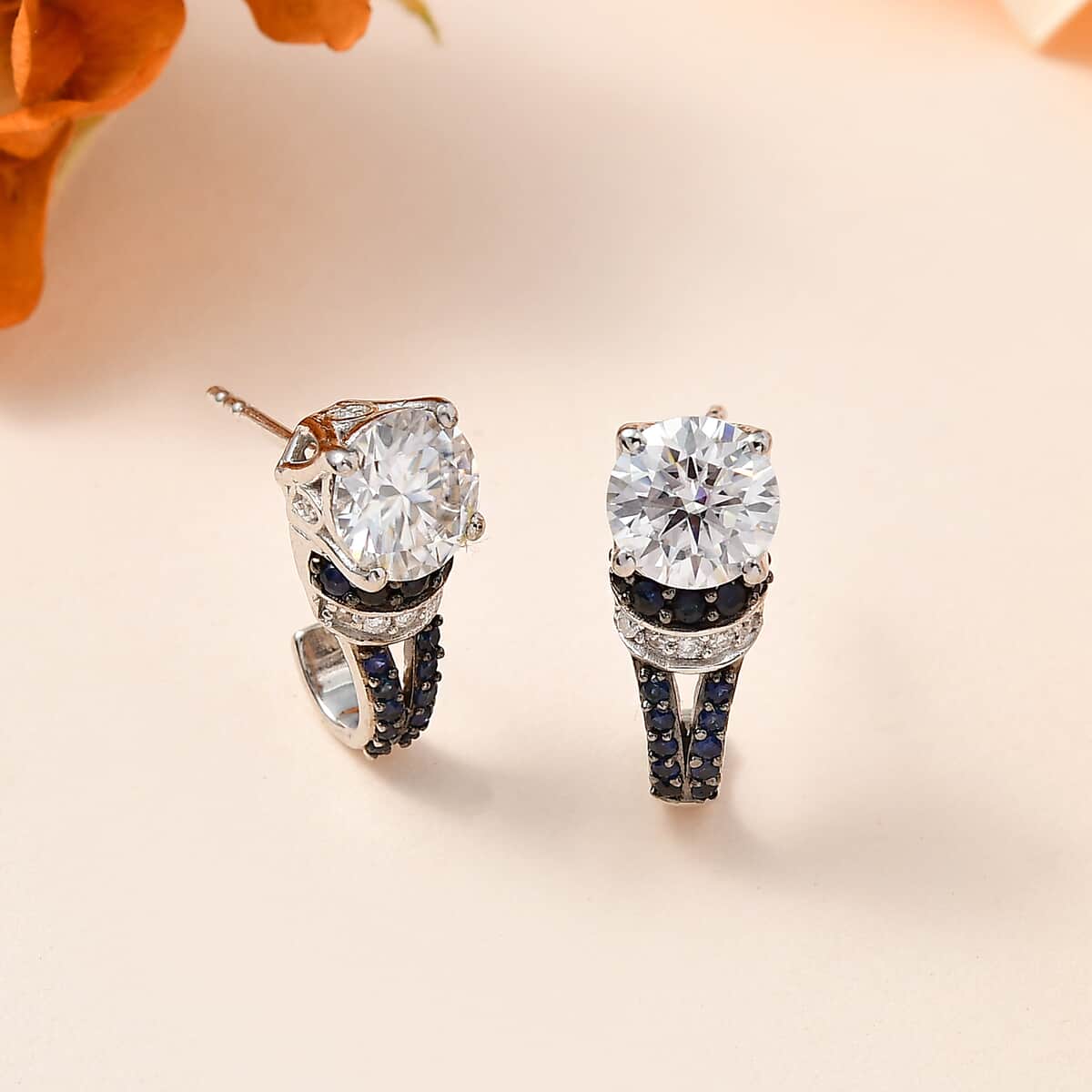 TLV Moissanite (Rnd 7 mm), Blue Sapphire J-Hoop Earrings in Platinum Over Sterling Silver 3.15 ctw image number 1