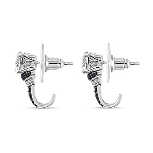 Moissanite and Blue Sapphire J-Hoop Earrings in Platinum Over Sterling Silver 3.15 ctw