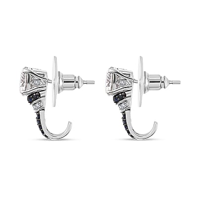 Moissanite and Blue Sapphire J-Hoop Earrings in Platinum Over Sterling Silver 3.15 ctw
