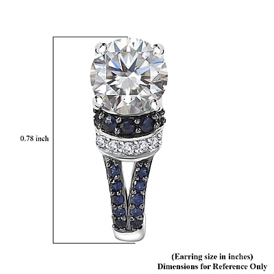 Moissanite and Blue Sapphire J-Hoop Earrings in Platinum Over Sterling Silver 3.15 ctw