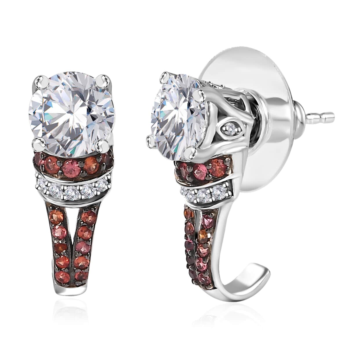 Moissanite and Red Sapphire J-Hoop Earrings in Platinum Over Sterling Silver 3.20 ctw image number 0