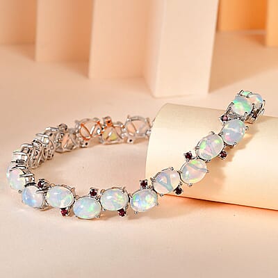 Ethiopian Welo Opal and Orissa Rhodolite Garnet Bracelet in Platinum Over Sterling Silver (7.25 In) 19.35 ctw
