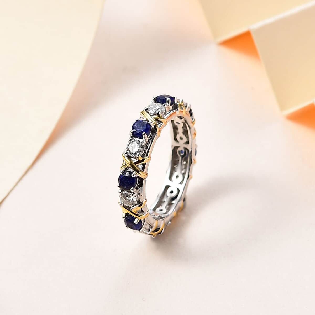 Masoala Sapphire (D) and Moissanite XOXO Ring in Vermeil YG and Platinum Over Sterling Silver (Size 10.0) 2.35 ctw image number 1