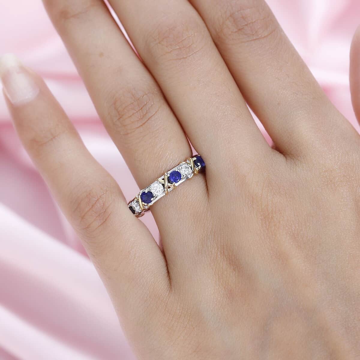 Masoala Sapphire (D) and Moissanite XOXO Ring in Vermeil YG and Platinum Over Sterling Silver (Size 10.0) 2.35 ctw image number 2