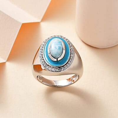 Larimar and Moissanite Ring in Platinum Over Sterling Silver (Size 10.0) 2.10 ctw