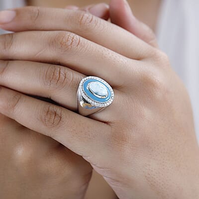 Larimar and Moissanite Ring in Platinum Over Sterling Silver (Size 10.0) 2.10 ctw