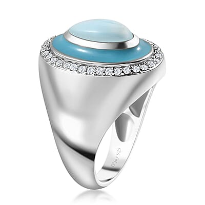 Larimar and Moissanite Ring in Platinum Over Sterling Silver (Size 10.0) 2.10 ctw