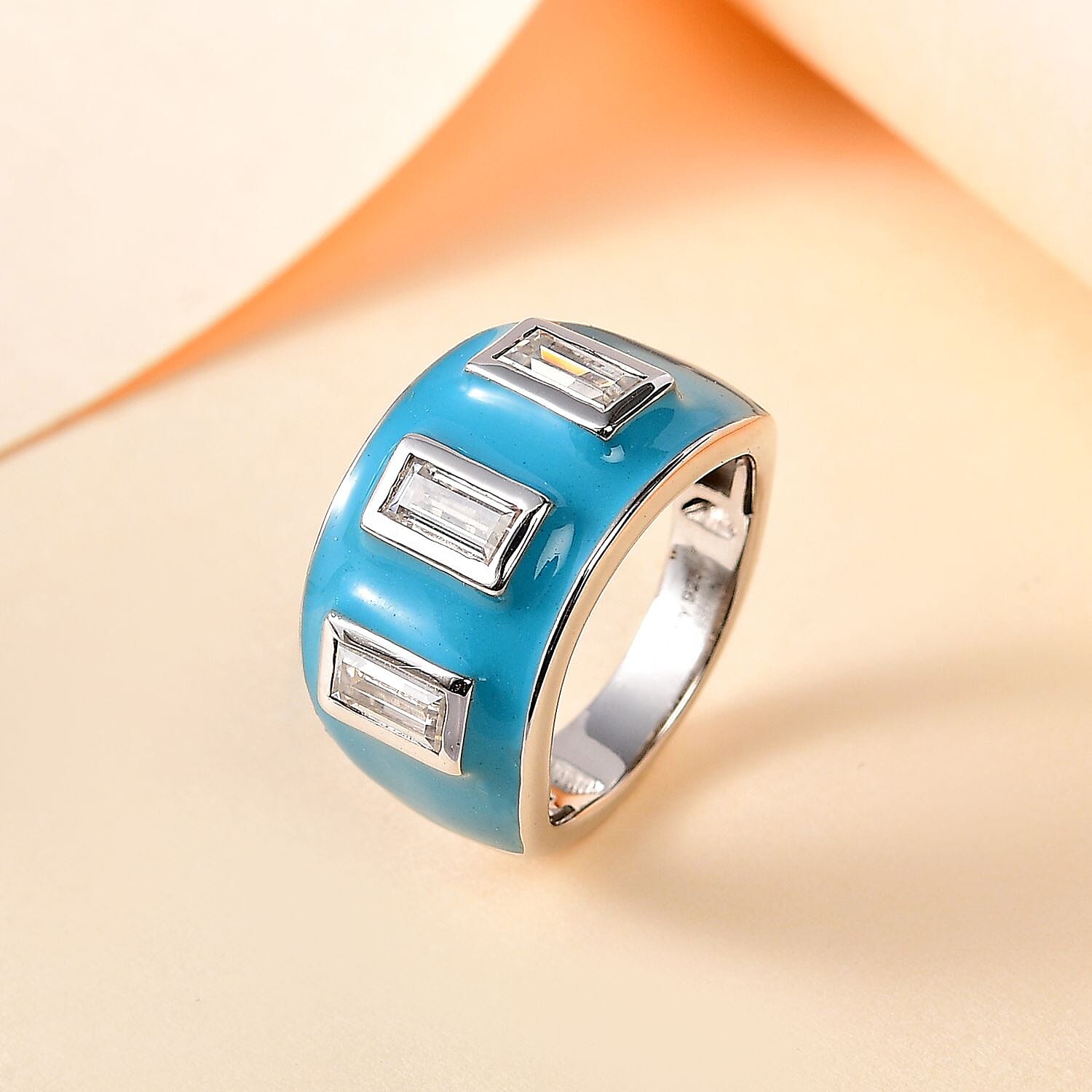 D'Joy Moissanite and Enameled 1.00 ctw 3 Stone Ring in Platinum Over Sterling Silver (Size 10.0)