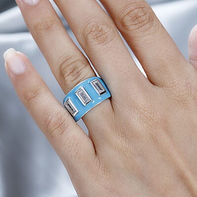 D'Joy Moissanite and Enameled 1.00 ctw 3 Stone Ring in Platinum Over Sterling Silver (Size 10.0)