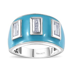 Moissanite and Enameled 1.00 ctw 3 Stone Ring in Platinum Over Sterling Silver (Size 7.0)