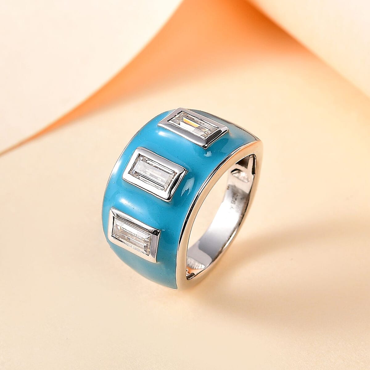 Moissanite and Enameled 1.00 ctw 3 Stone Ring in Platinum Over Sterling Silver (Size 7.0) image number 1