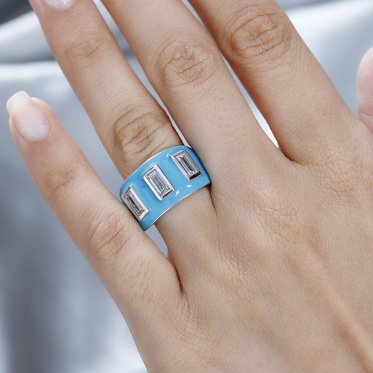 Moissanite and Enameled 1.00 ctw 3 Stone Ring in Platinum Over Sterling Silver (Size 7.0) image number 2