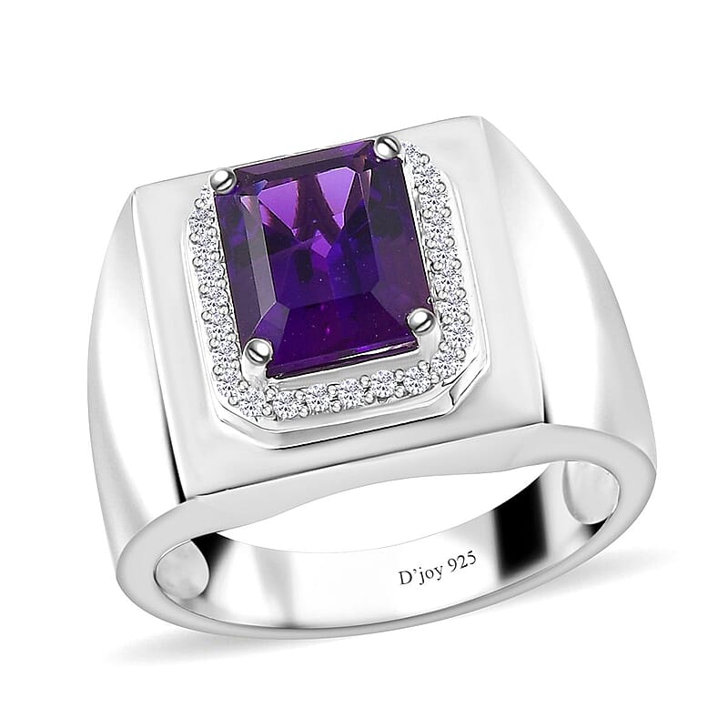 African Amethyst and Moissanite Men's Ring in Platinum Over Sterling Silver (Size 10.0) 3.50 ctw