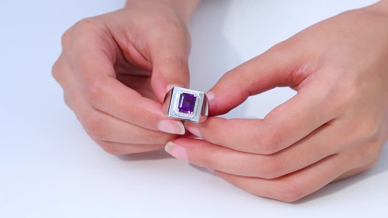 African Amethyst, Moissanite Men's Ring in Platinum Over Sterling Silver (Size 10.0) 3.50 ctw