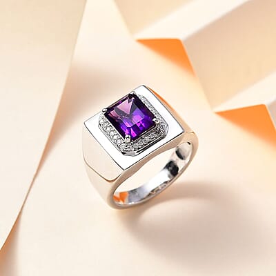 African Amethyst and Moissanite Men's Ring in Platinum Over Sterling Silver (Size 10.0) 3.50 ctw
