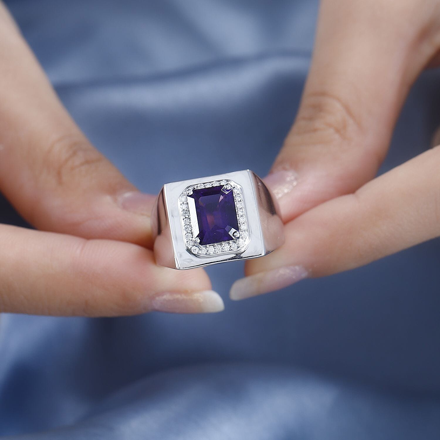 African Amethyst and Moissanite Men's Ring in Platinum Over Sterling Silver (Size 10.0) 3.50 ctw