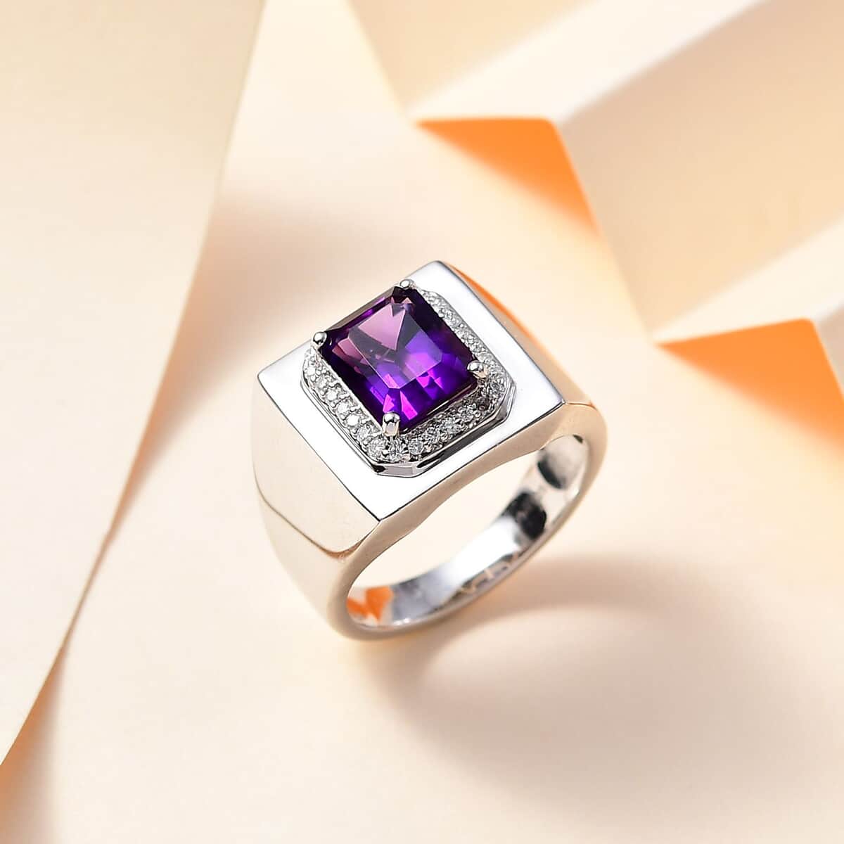 African Amethyst and Moissanite Men's Ring in Platinum Over Sterling Silver (Size 12.0) 3.50 ctw image number 1