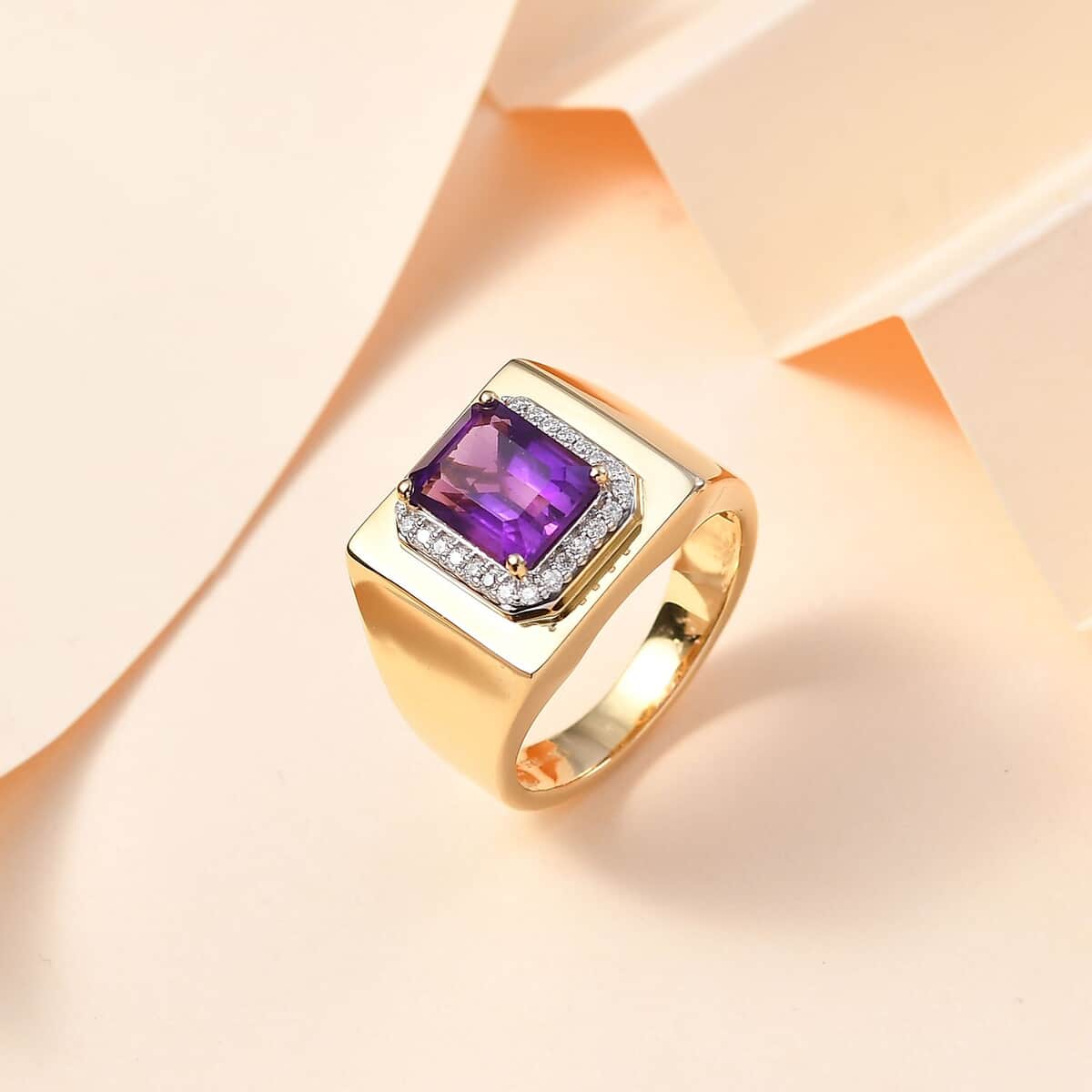 African Amethyst and Moissanite Men' s Ring in Vermeil Yellow Gold Over Sterling Silver (Size 10.0) 3.50 ctw image number 1