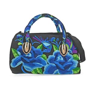 Blue Floral Embroidered Handbag with Shoulder Strap