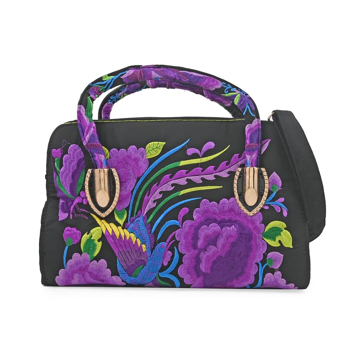 Purple Floral Embroidered Handbag with Shoulder Strap image number 0