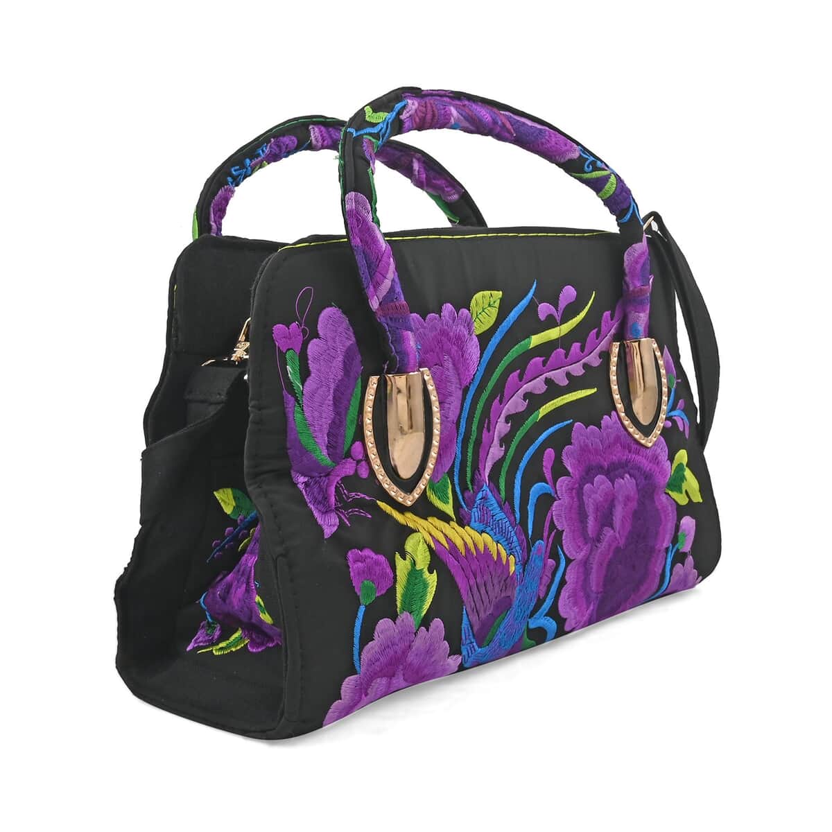 Purple Floral Embroidered Handbag with Shoulder Strap image number 1