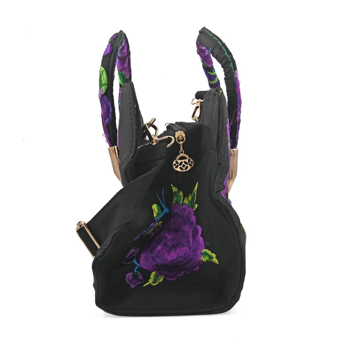 Purple Floral Embroidered Handbag with Shoulder Strap image number 2