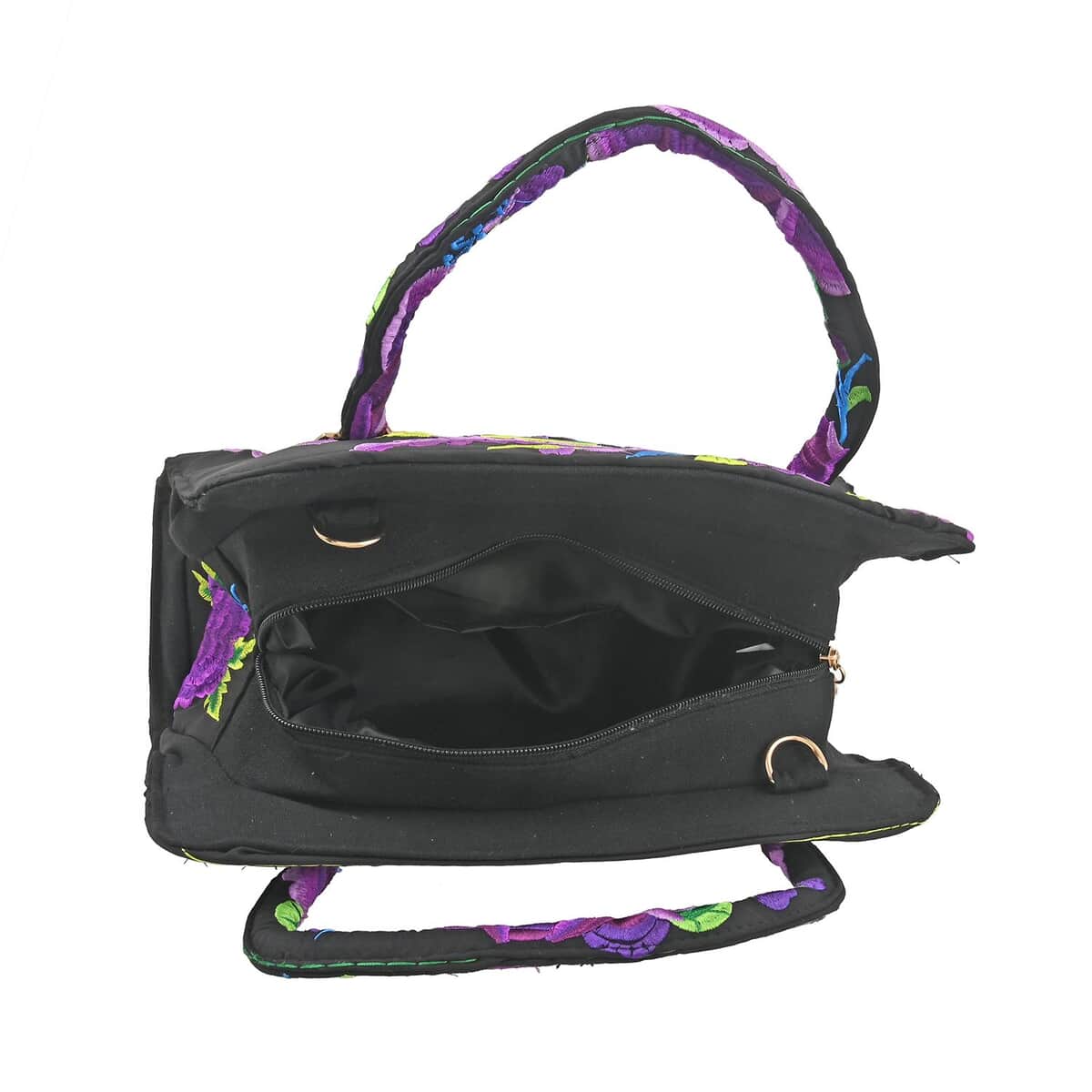Purple Floral Embroidered Handbag with Shoulder Strap image number 4