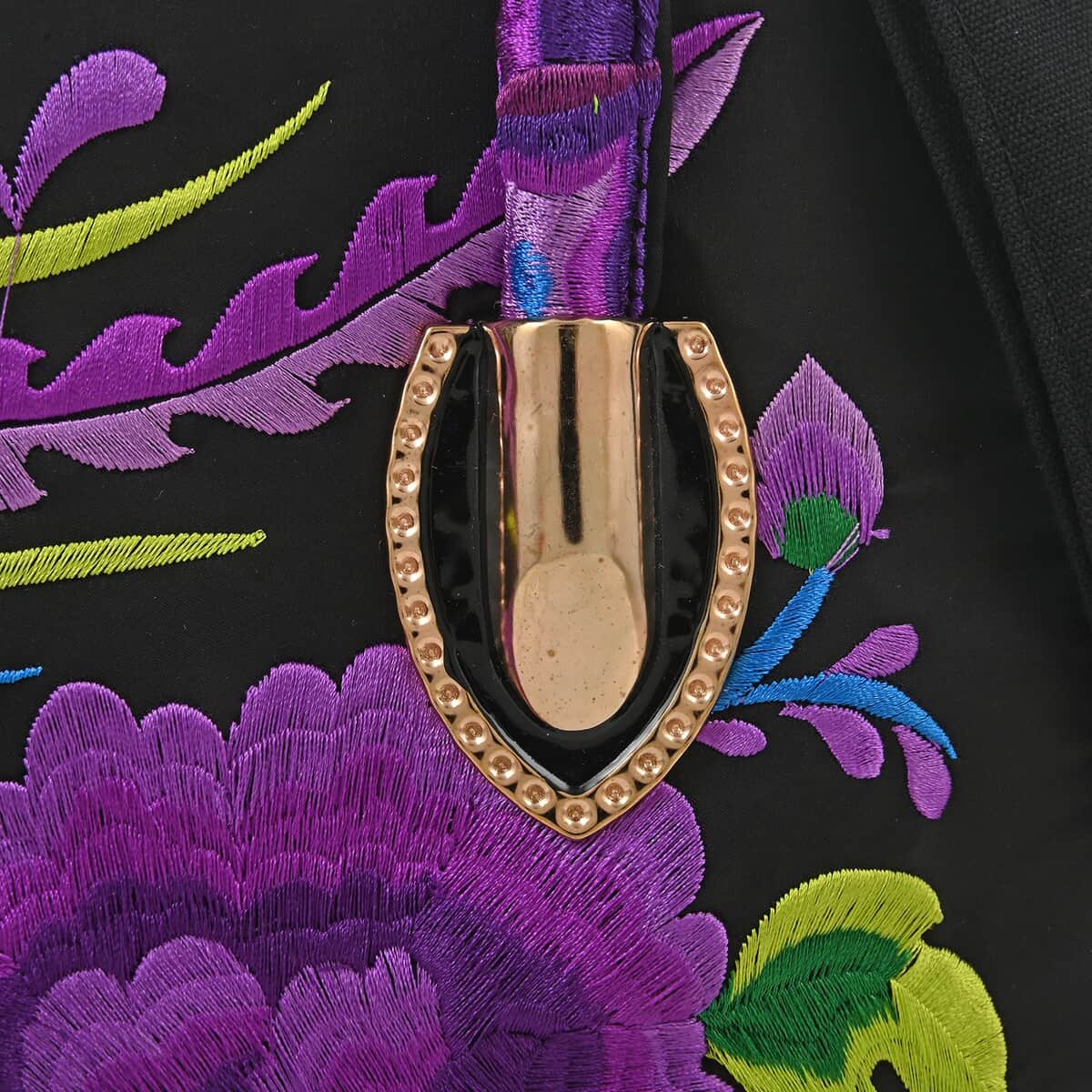 Purple Floral Embroidered Handbag with Shoulder Strap image number 5