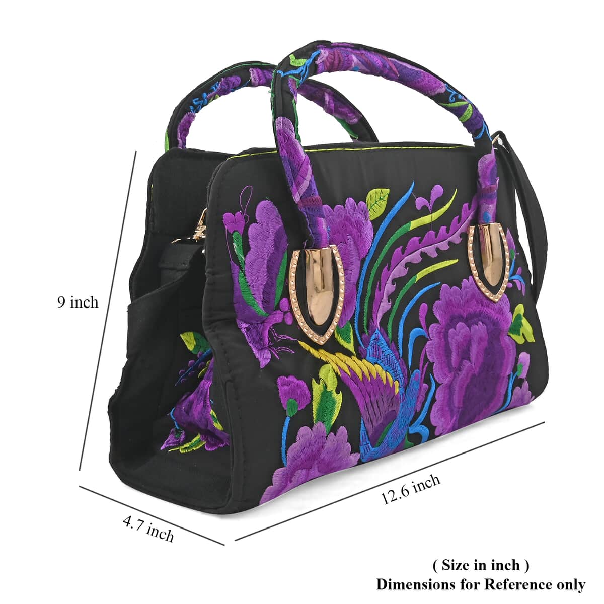 Purple Floral Embroidered Handbag with Shoulder Strap image number 6