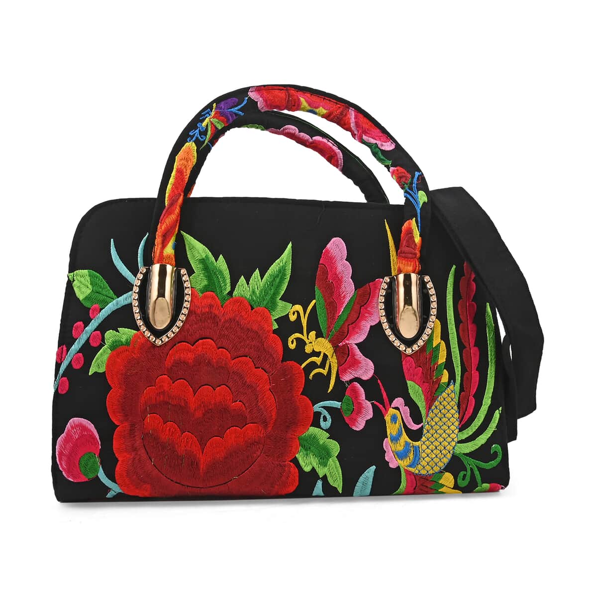 Red Floral Embroidered Handbag with Shoulder Strap image number 0