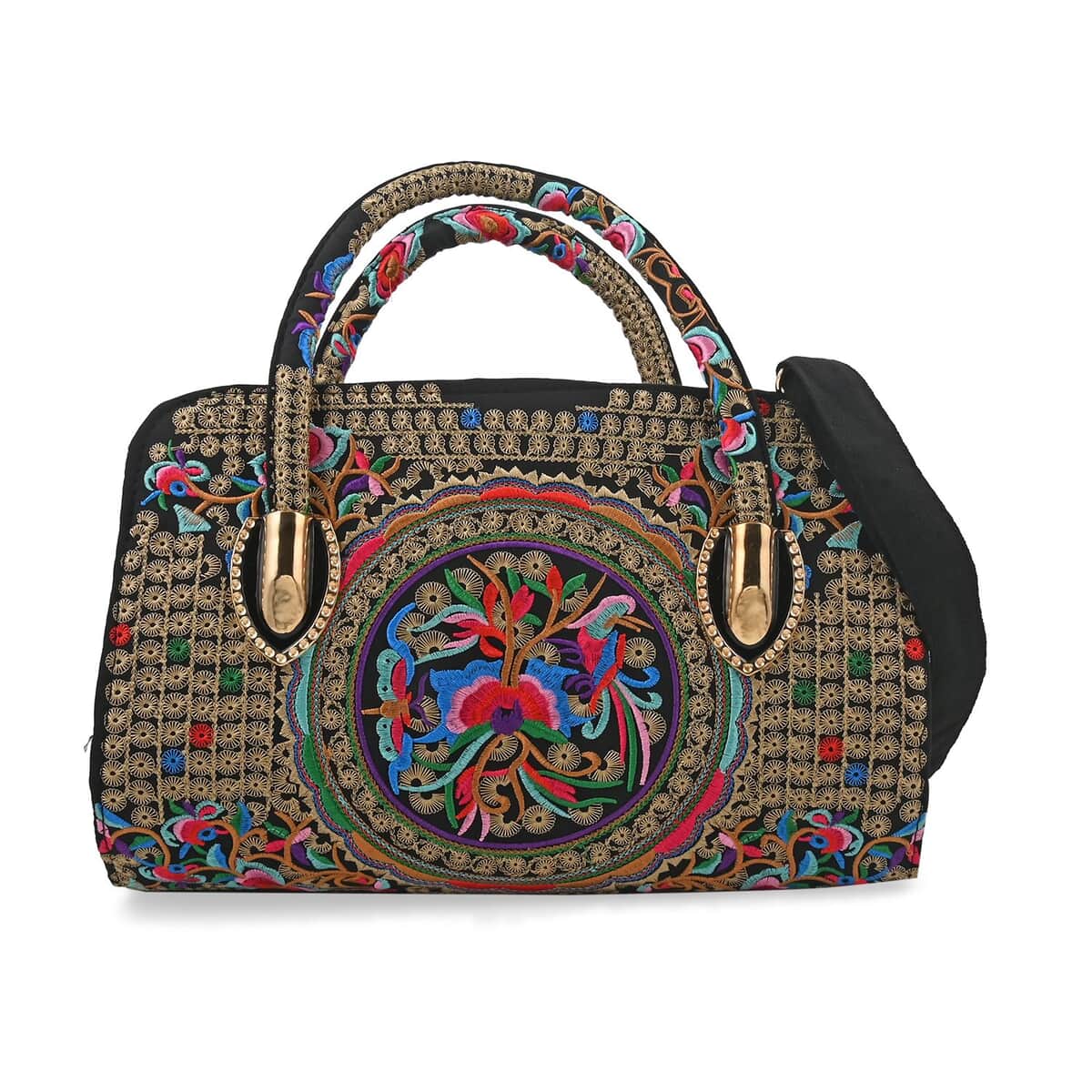 Multi Color & Floral Embroidered Handbag with Shoulder Strap image number 0