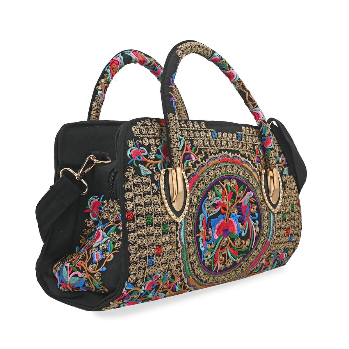 Multi Color & Floral Embroidered Handbag with Shoulder Strap image number 1
